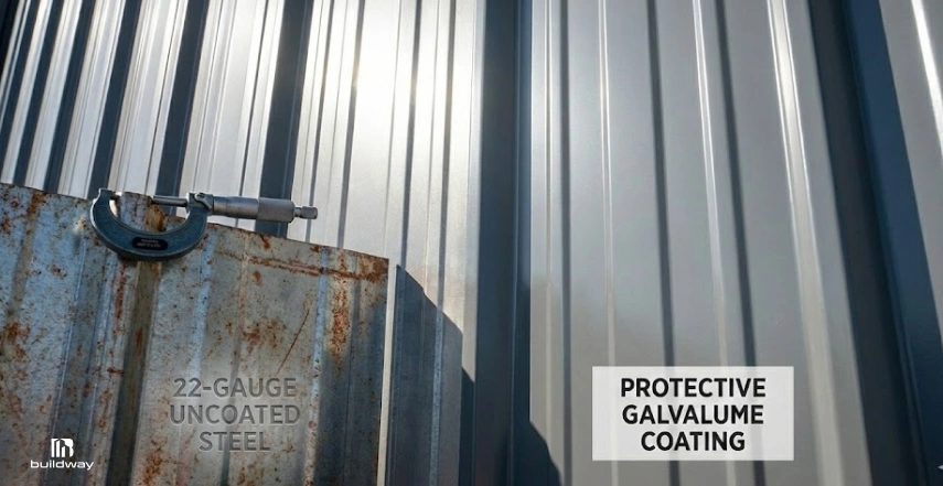 Comparison of rusted uncoated steel and shiny steel with protective galvalume coating.