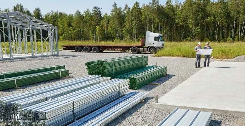 Construction site with stacked metal building materials, a partially assembled steel frame, and two workers reviewing blueprints near a flatbed truck, set against a backdrop of trees.