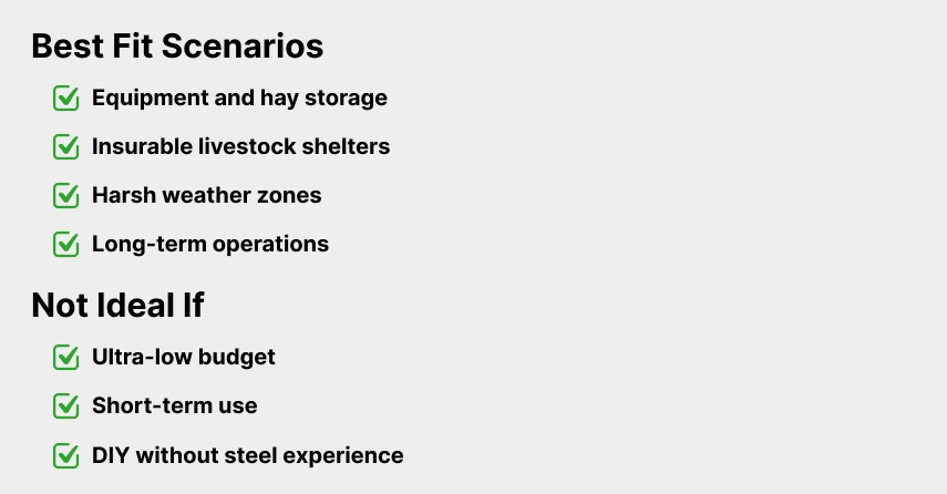 A checklist showing best fit scenarios for steel buildings, including equipment storage, livestock shelters, harsh weather zones, and long-term use—plus a section noting it's not ideal for ultra-low budgets, short-term use, or DIY without steel experience.