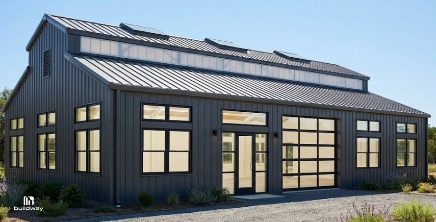 How to Personalize a Steel Building Without Wasting Money on the Wrong Parts 4 Modern steel building with full-height glass windows, dual glass roll-up doors, and rooftop skylights for natural lighting.