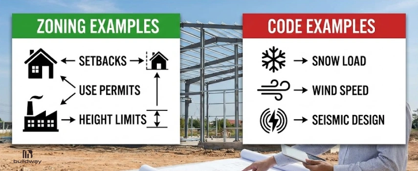 Graphic showing zoning and code examples for metal buildings, including setbacks, use permits, height limits, snow load, wind speed, and seismic design requirements.