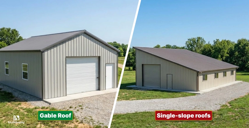 Side-by-side comparison of a gable roof and a single-slope roof on two metal buildings, highlighting differences in roof design and drainage.