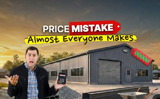 Confused man holding calculator near a steel building. Banner warns of a pricing mistake related to steel building prices.