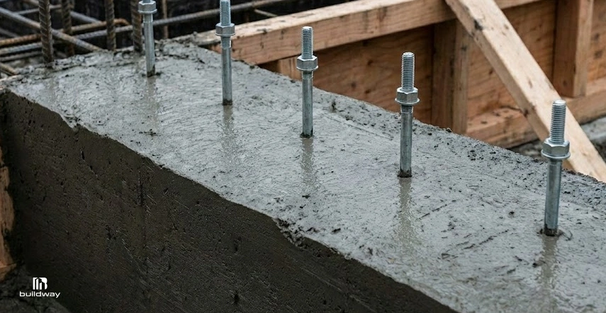 Concrete foundation wall with exposed anchor bolts embedded in freshly poured concrete and wooden formwork in place.