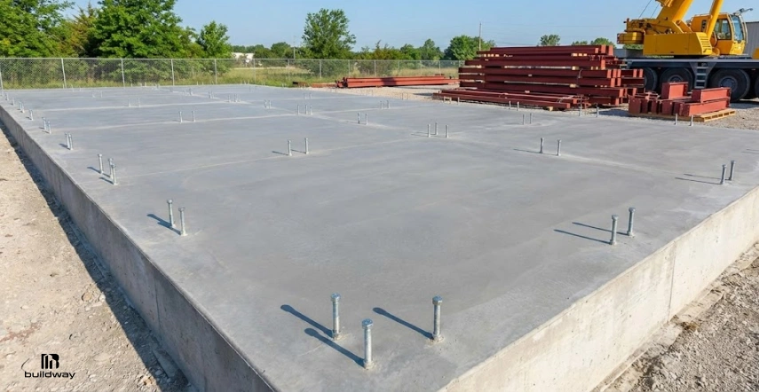 Should You DIY Steel Building Kit Upgrade Installation? Here’s the Risk Most Owners Ignore 9 Concrete slab foundation with anchor bolts set in place, steel beams stacked nearby, and a crane positioned on a construction site ready for building assembly.