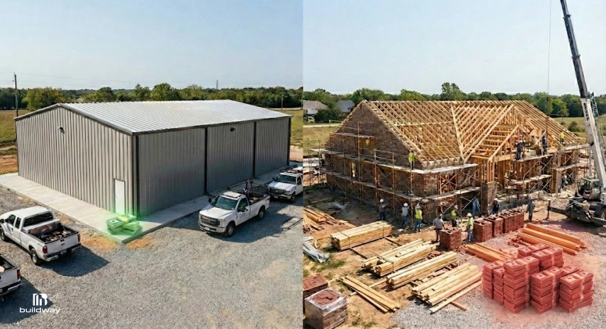 Commercial Metal Buildings in 2026: The Cost Traps Smart Owners Are Finally Avoiding 6 Side-by-side comparison showing a completed metal building with work trucks parked outside on the left, and a traditional wood-framed building under active construction with workers, scaffolding, and materials on the right.