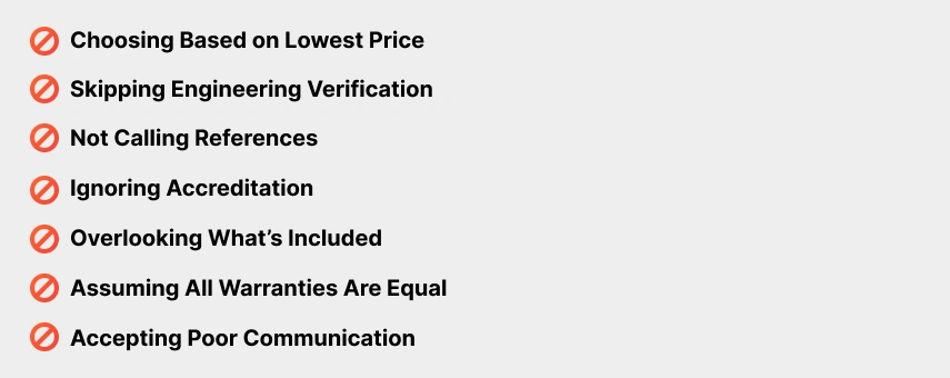 List of common mistakes when choosing a construction supplier, including prioritising lowest price, skipping verification, ignoring accreditation, and accepting poor communication.