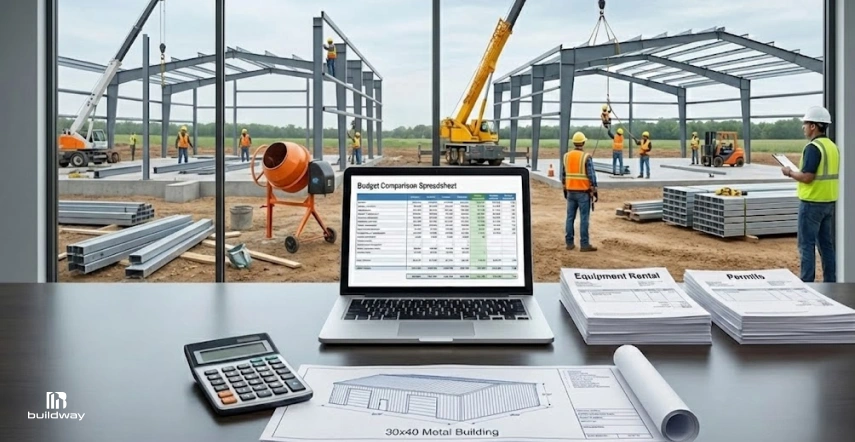 Should You DIY Steel Building Kit Upgrade Installation? Here’s the Risk Most Owners Ignore 3 Laptop displaying a construction budget spreadsheet on a desk with calculator and building plans, overlooking workers assembling multiple steel building frames with cranes on a job site.