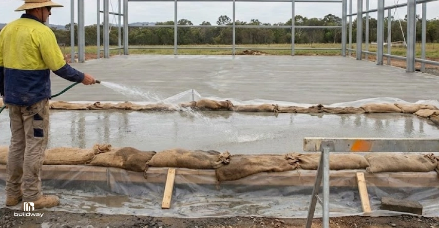 Construction worker spraying water on a freshly poured concrete slab to aid curing, with steel framing visible in the background.
