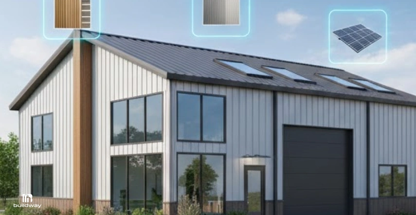 Metal Building Kit Hidden Costs That Blindside Buyers 7 Modern metal building with large windows, skylights, and design callouts for siding, roofing, and solar panels.