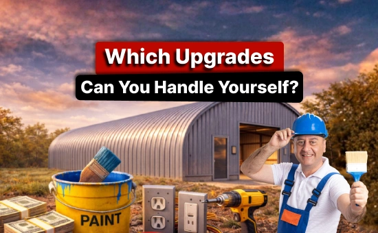 Home 31 Steel building kit upgrade installation concept showing metal building exterior, contractor holding paintbrush, paint bucket, electrical outlets, drill, and cash for DIY improvements.