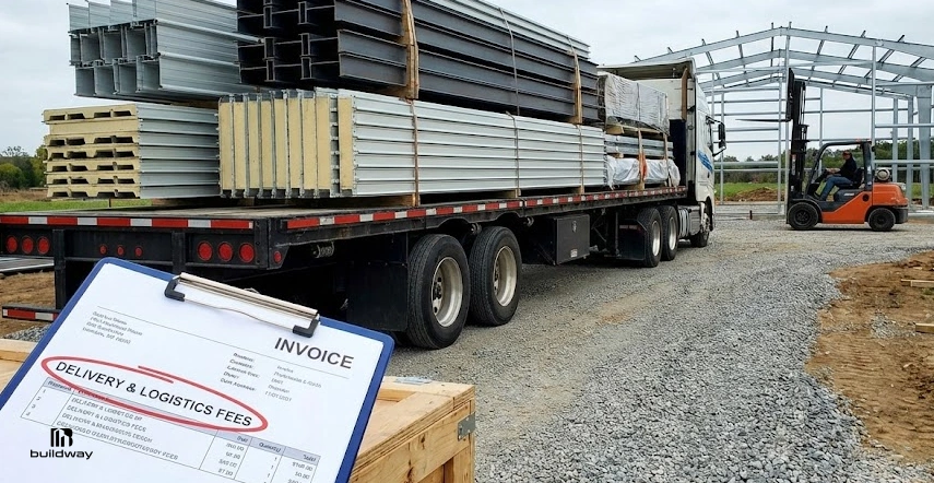 Metal Building Kit Hidden Costs That Blindside Buyers 4 A flatbed truck delivers metal building materials to a construction site, while an invoice highlights "Delivery & Logistics Fees" in red.
