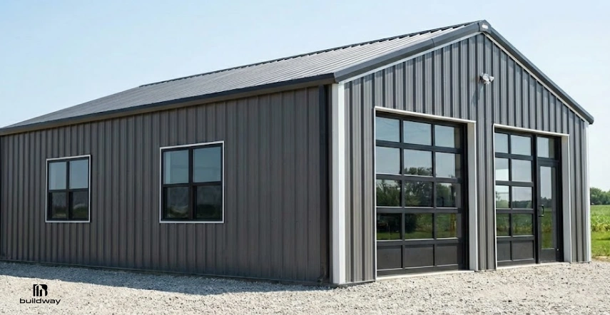 Should You DIY Steel Building Kit Upgrade Installation? Here’s the Risk Most Owners Ignore 10 Finished metal building exterior with vertical gray siding, two glass garage doors, side windows, and a gable roof on a gravel lot.