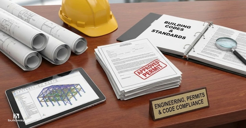 Metal Building Kit Hidden Costs That Blindside Buyers 6 A desk with building plans, a hard hat, permits stamped "APPROVED," and a binder labeled "Building Codes & Standards," showing the permitting and compliance process.