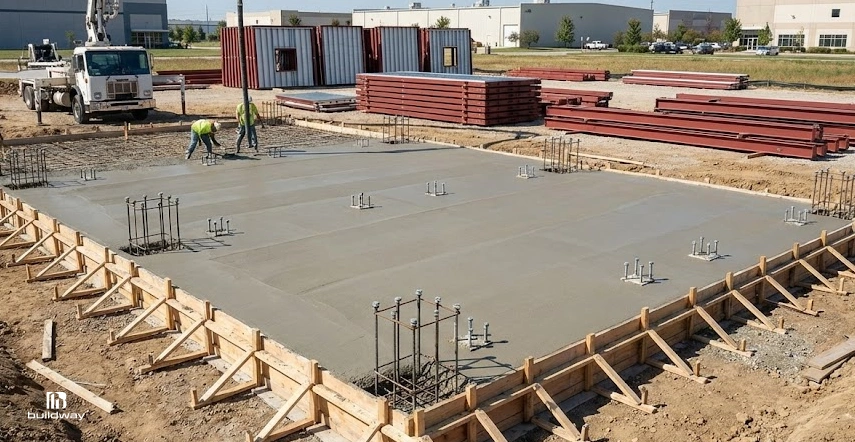 Metal Building Kit Hidden Costs That Blindside Buyers 3 Workers finish a freshly poured concrete foundation at a construction site, with steel reinforcements and building materials in the background.