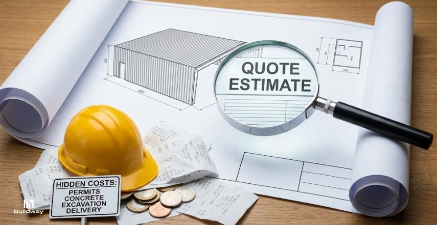 Metal Building Kit Hidden Costs That Blindside Buyers 2 A magnifying glass highlights "QUOTE ESTIMATE" on a building plan, with a hard hat, coins, receipts, and a note listing hidden costs: permits, concrete, excavation, and delivery.