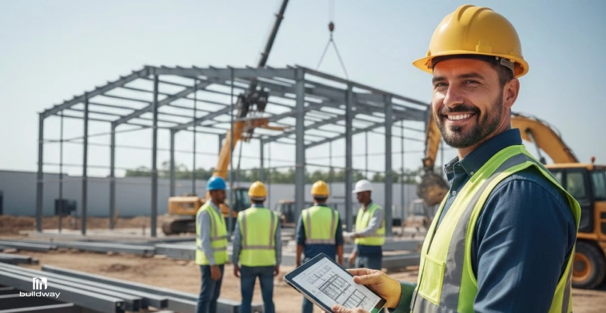 Construction supervisor holding a digital tablet on an active steel frame building site with workers and machinery in the background.