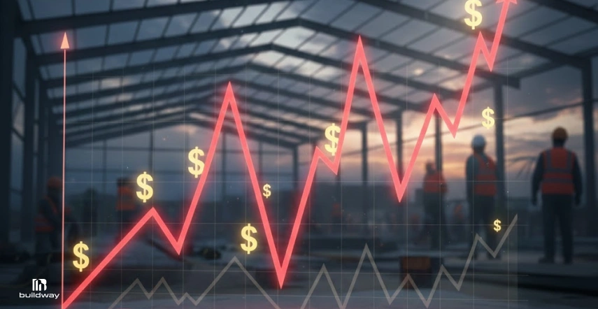 Metal Building Kit Hidden Costs That Blindside Buyers 8 A rising cost graph with dollar signs is overlaid on a construction site, highlighting increasing building expenses.