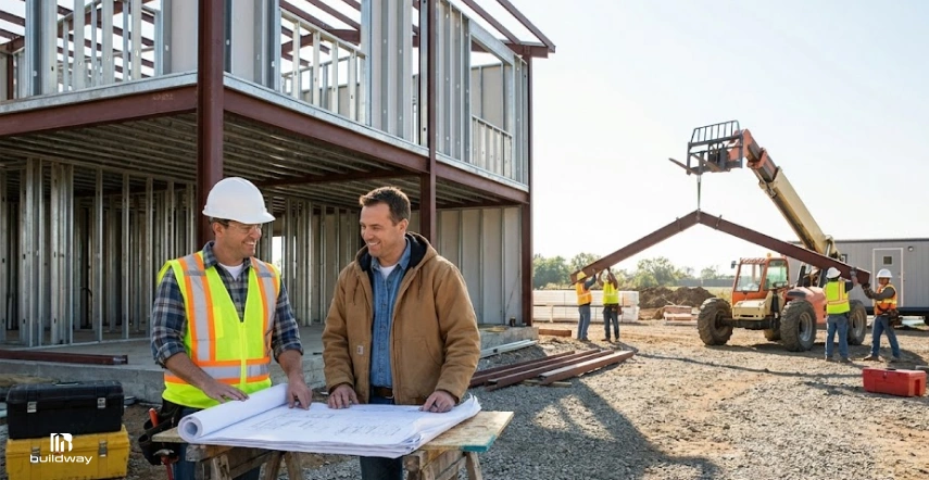 Should You DIY Steel Building Kit Upgrade Installation? Here’s the Risk Most Owners Ignore 12 Contractor and client reviewing construction blueprints in front of a steel building frame while workers use a telehandler to lift a beam on an active job site.
