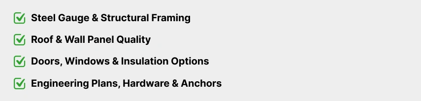 Checklist with green checkmarks highlighting key metal building components: steel gauge and structural framing, roof and wall panel quality, doors, windows and insulation options, and engineering plans with hardware and anchors.