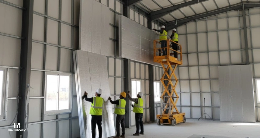 Construction crew installing rigid foam insulation panels inside a metal building, using a scissor lift to secure large reflective boards to steel wall framing.