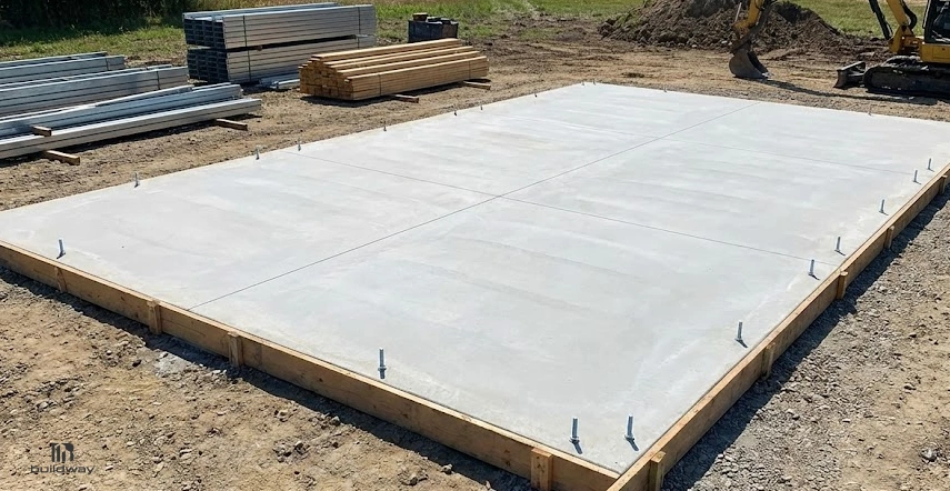 Freshly poured concrete slab foundation with anchor bolts installed, prepared for future building construction.