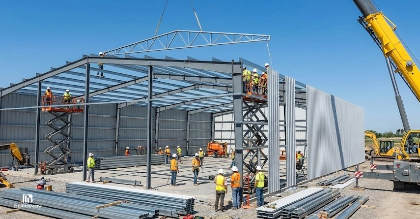 Should You DIY Steel Building Kit Upgrade Installation? Here’s the Risk Most Owners Ignore 6 Construction crew installing wall panels and roof framing on a large steel building as a crane lifts a truss into place, with workers on scissor lifts and ground crew guiding the assembly.