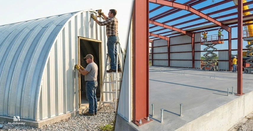 Should You DIY Steel Building Kit Upgrade Installation? Here’s the Risk Most Owners Ignore 5 Workers installing corrugated metal panels on a curved steel building exterior while another crew assembles a red steel frame structure using a scissor lift inside a concrete foundation.