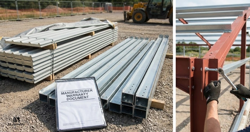Should You DIY Steel Building Kit Upgrade Installation? Here’s the Risk Most Owners Ignore 4 Stacked metal wall panels and steel framing components on a gravel job site with a manufacturer warranty document in the foreground and worker tightening bolts on a steel beam.