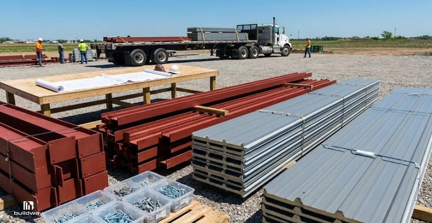 Should You DIY Steel Building Kit Upgrade Installation? Here’s the Risk Most Owners Ignore 1 Stacks of red steel beams and gray metal panels laid out on a gravel construction site with workers, a flatbed truck, blueprints on a table, and hardware supplies nearby.