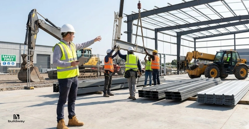 Should You DIY Steel Building Kit Upgrade Installation? Here’s the Risk Most Owners Ignore 2 Construction crew assembling a steel building frame with crane lifting beams, workers in safety vests guiding the structure, and heavy equipment on an active job site.