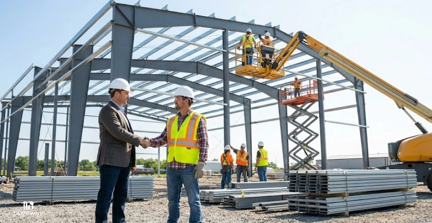 Should You DIY Steel Building Kit Upgrade Installation? Here’s the Risk Most Owners Ignore 7 Two men in hard hats shaking hands in front of a steel building frame under construction, with workers installing roof beams using a boom lift and scissor lift.