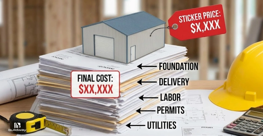 Metal Building Kit Hidden Costs That Blindside Buyers 1 Model building labeled "$X,XXX" sits on papers showing added costs like labor, permits, and utilities. Final cost is much higher.