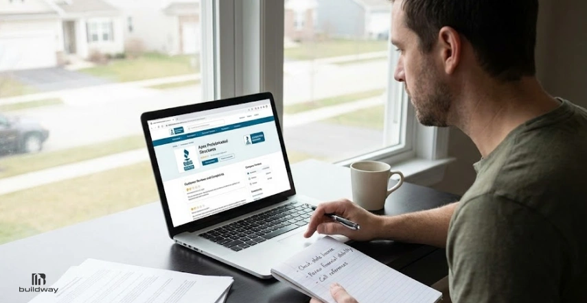 Professional reviewing certification details on a laptop while taking notes at a home office desk.