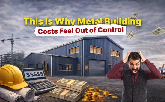 Home 32 Frustrated man holding his head in front of a large commercial metal building with construction tools, cash, and calculator, symbolizing rising costs and financial stress in metal building projects.