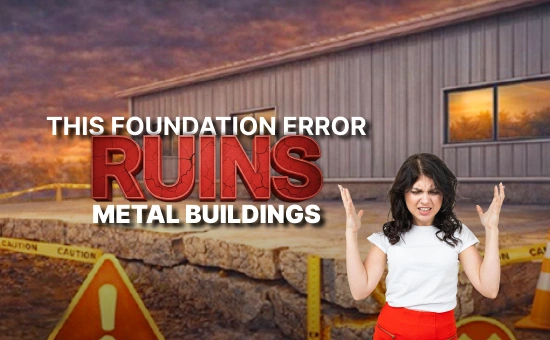 Damaged metal building foundation with visible concrete cracking under a steel building, while a frustrated woman reacts to the foundation failure.