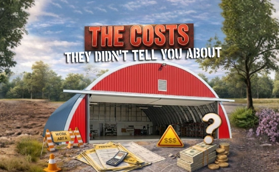 Illustration of metal building kit with question mark, cost symbols, and paperwork emphasizing metal building kit hidden costs