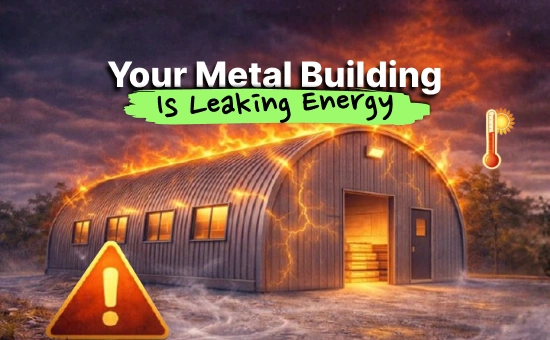 Metal building insulation ND example showing heat leaking from a metal structure, highlighting what is the best insulation for a metal building to improve energy efficiency.